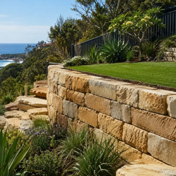 Sandstone retaining terrace on a steep Northern Beaches block reclaiming level garden