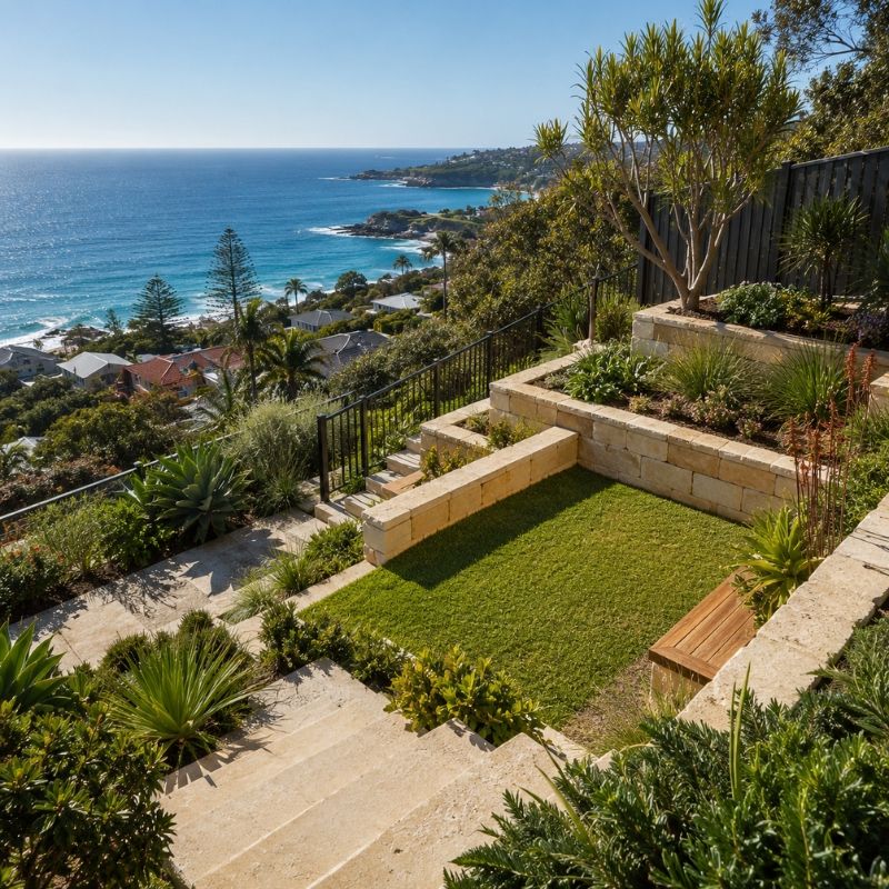 Terraced ocean-view garden on a steep Northern Beaches slope