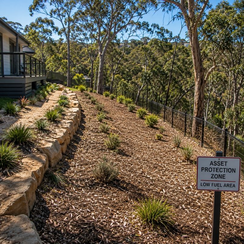 Cleared and low-fuel planted asset protection zone on a bush-edge Sutherland Shire block