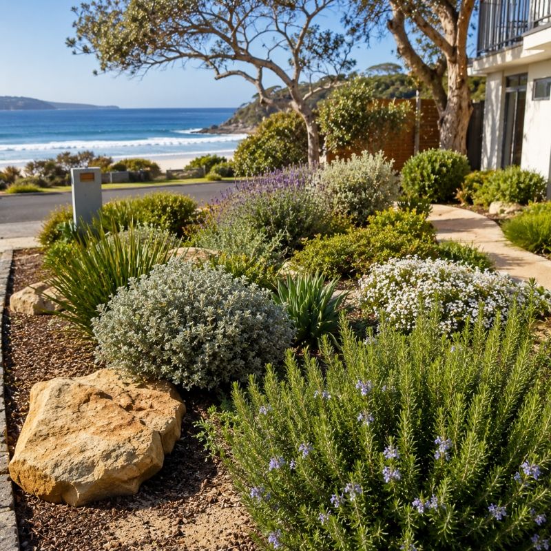 Salt-tolerant coastal garden bed in the Sutherland Shire planted with hardy natives near the beach