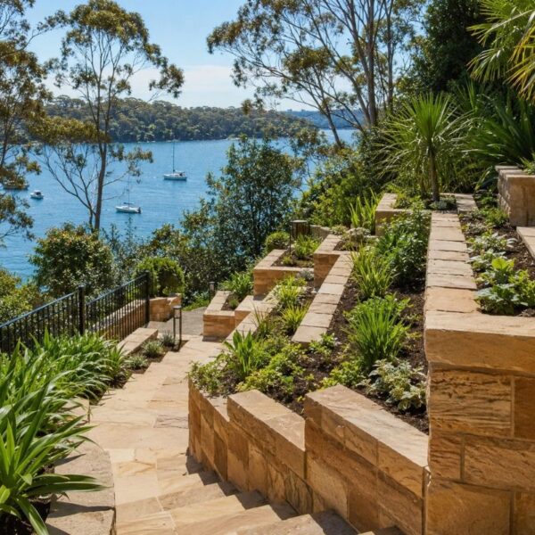 Terraced sandstone garden on a steep Sutherland Shire waterfront block near Port Hacking