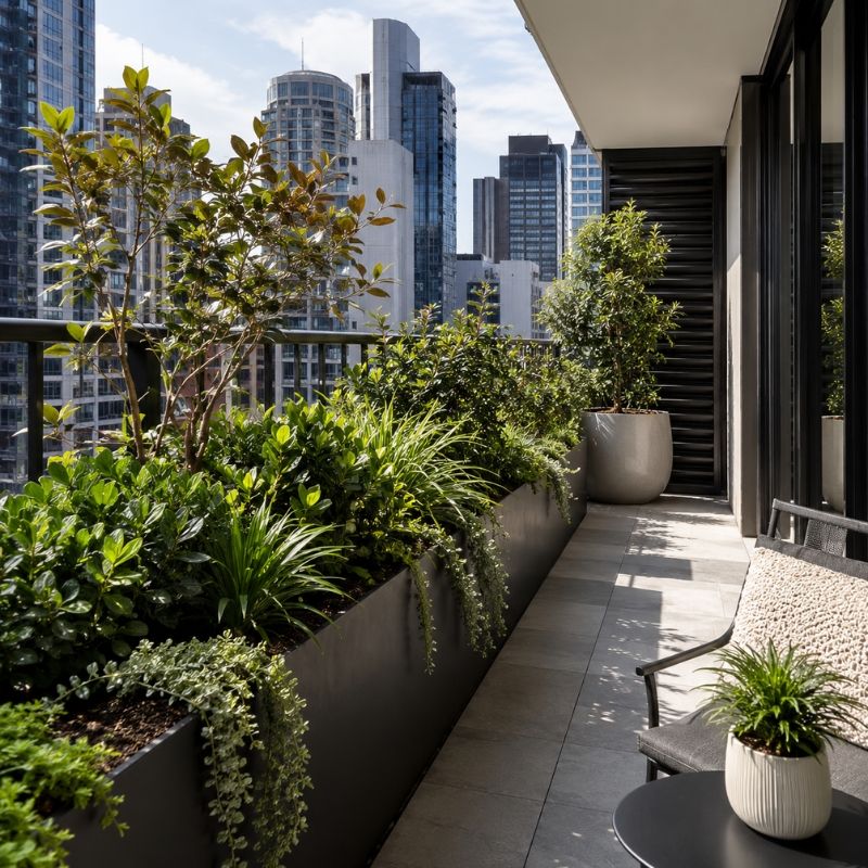 Balcony planter greening on a Sydney CBD apartment with wind-firm plants