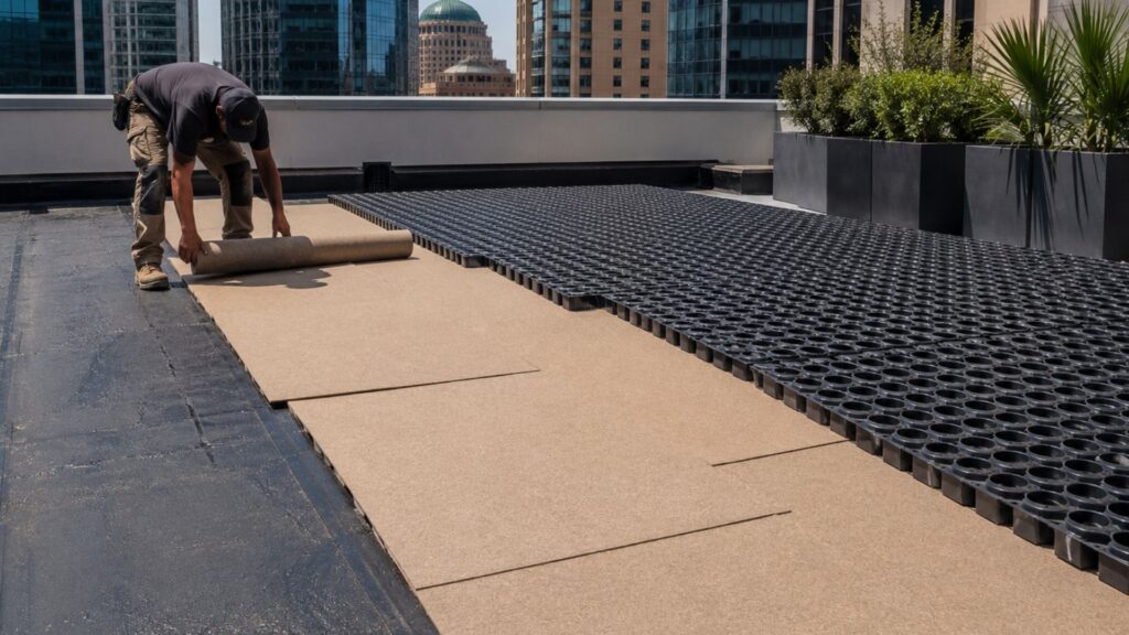 Waterproof membrane being protected before a rooftop build in the Sydney CBD