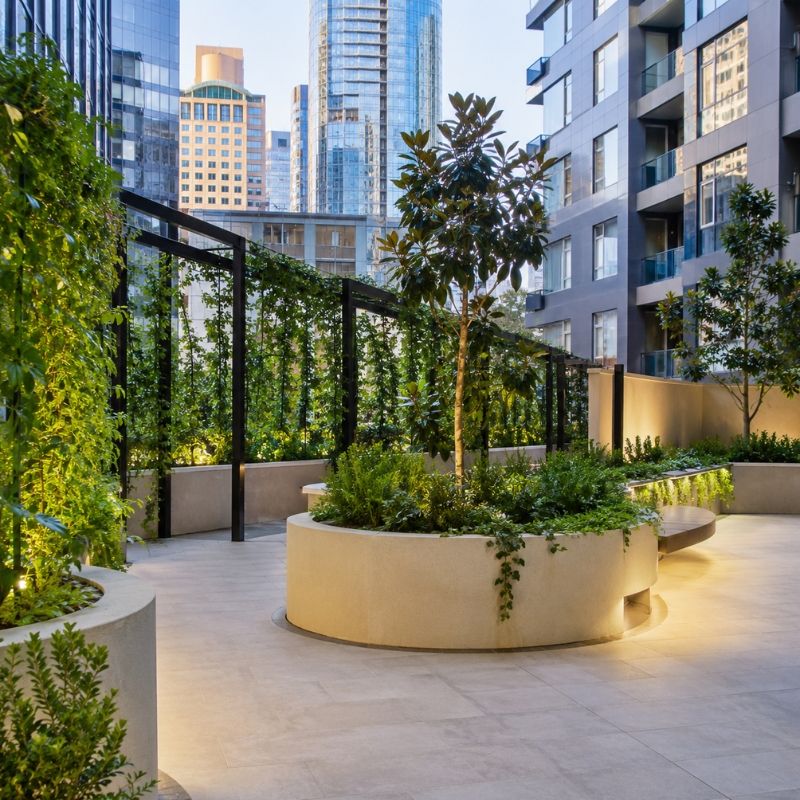Podium planter garden in the Sydney CBD with structural planters and screening