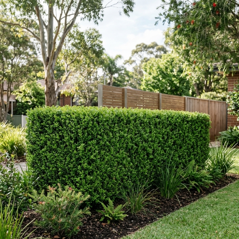 Neatly trimmed green hedge in a Sydney residential garden