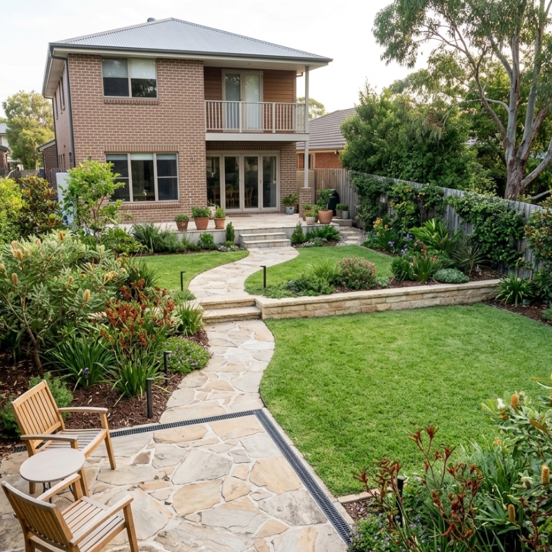 Sydney backyard showing a professionally planned landscape design with planting, paving and retaining features
