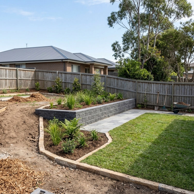 Landscaping project under construction in a Sydney backyard