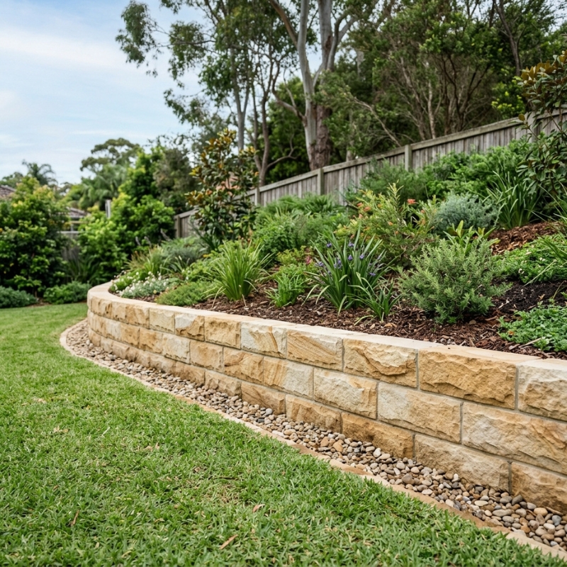 Sandstone retaining wall in a sloped Sydney garden