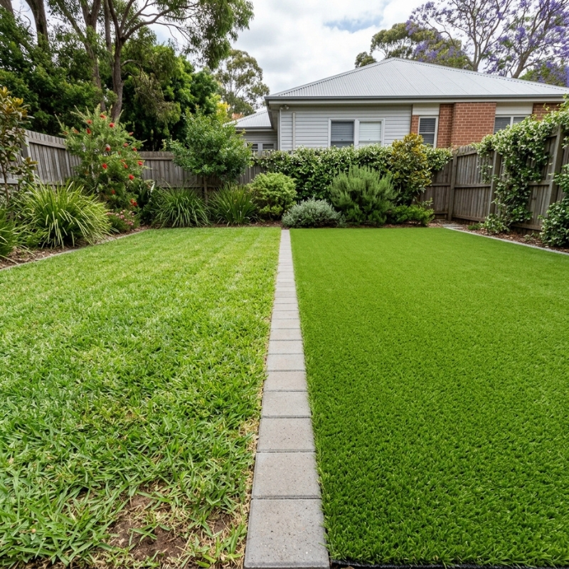 Natural turf and artificial grass side by side in a Sydney backyard