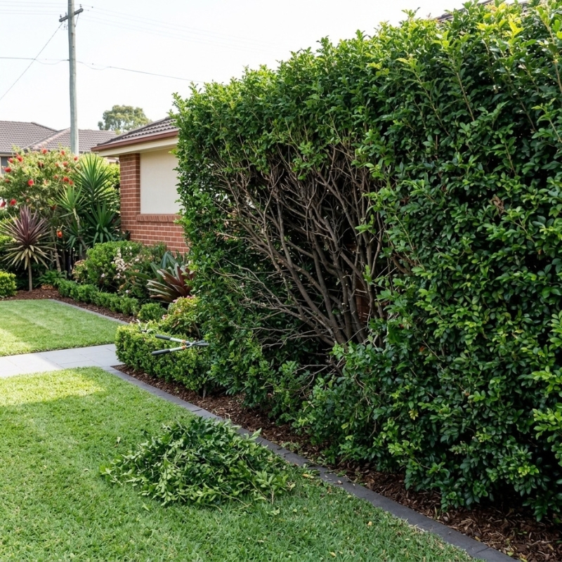 Overgrown hedge being restored in a Sydney garden