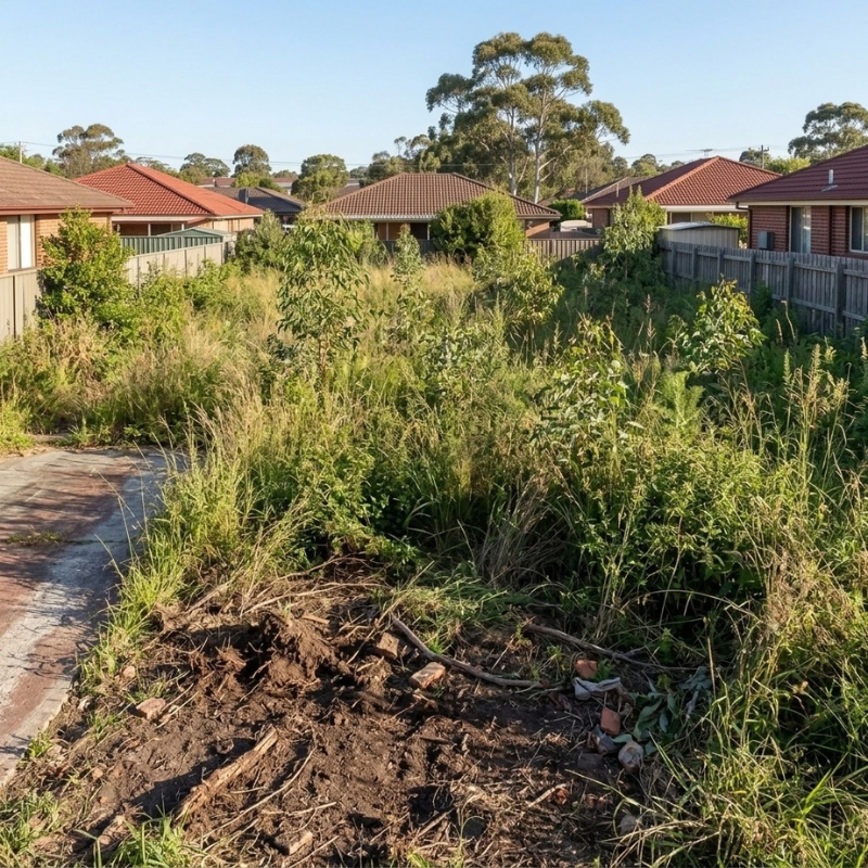 Overgrown Sydney block with tall weeds, small trees and scattered debris before land clearing