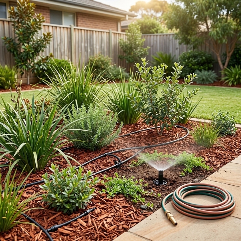 Sydney garden irrigation system with dripline and mulch around established garden beds