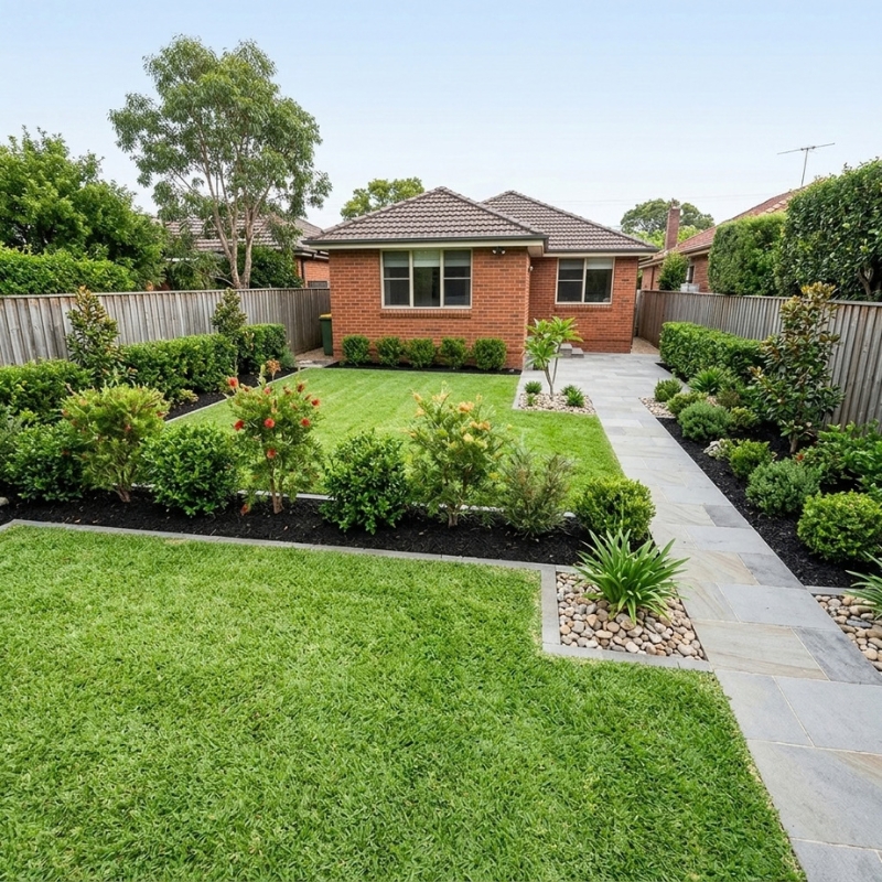 One-off garden clean-up in Sydney with tidy garden beds, trimmed shrubs and clear pathways