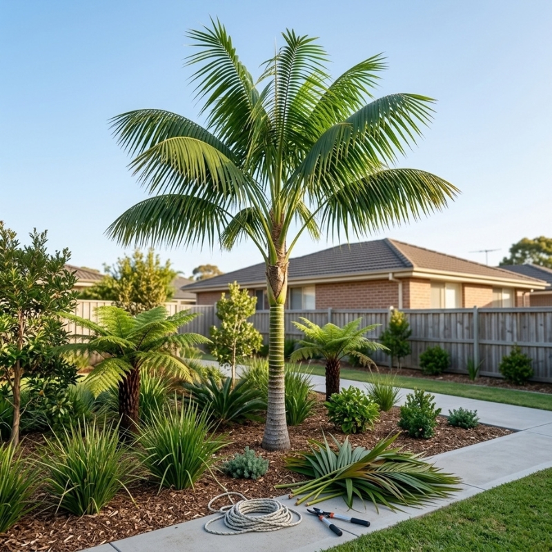 Palm tree trimming in a Sydney garden with dead fronds removed and a clean green crown